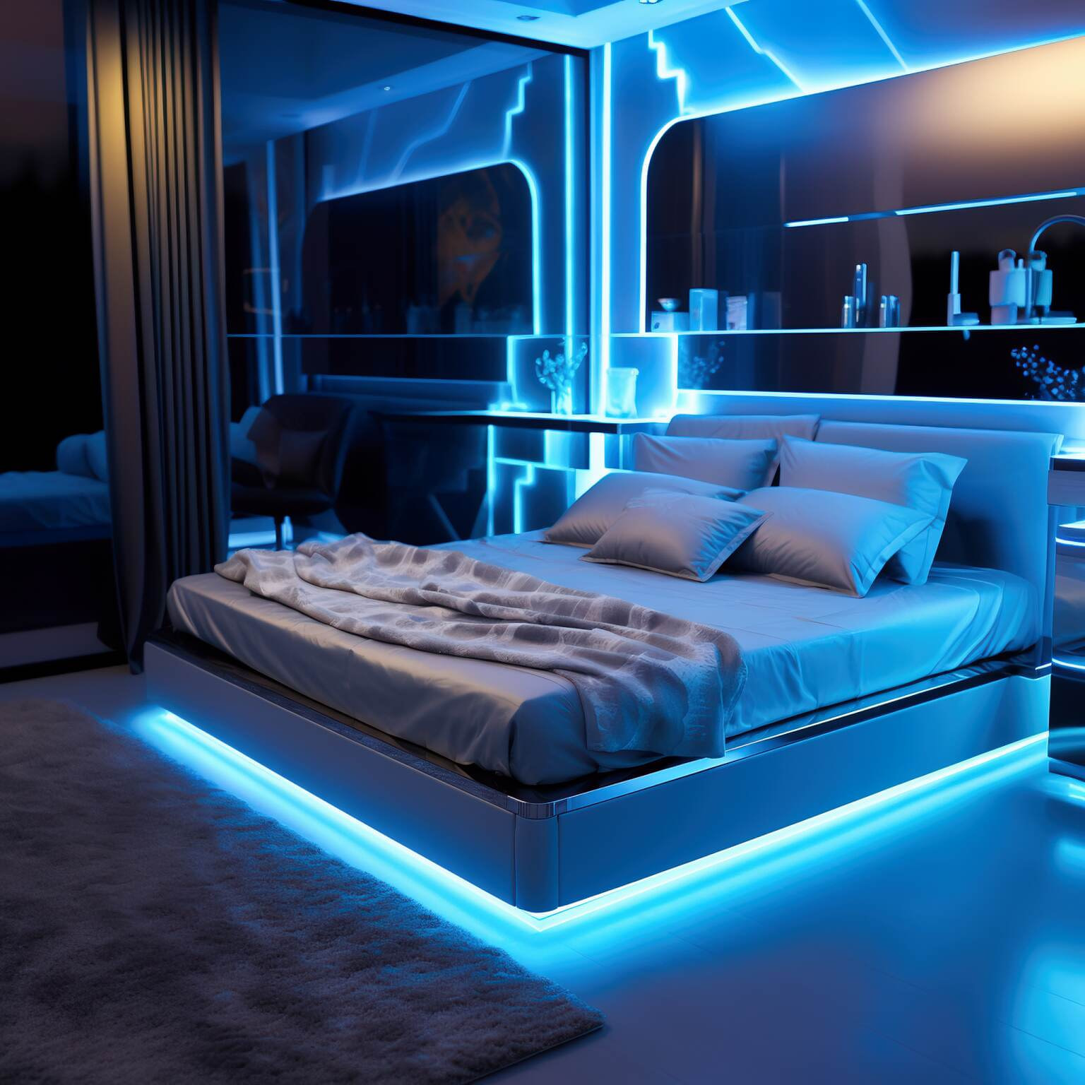 Silver And Blue Neon Bedroom
