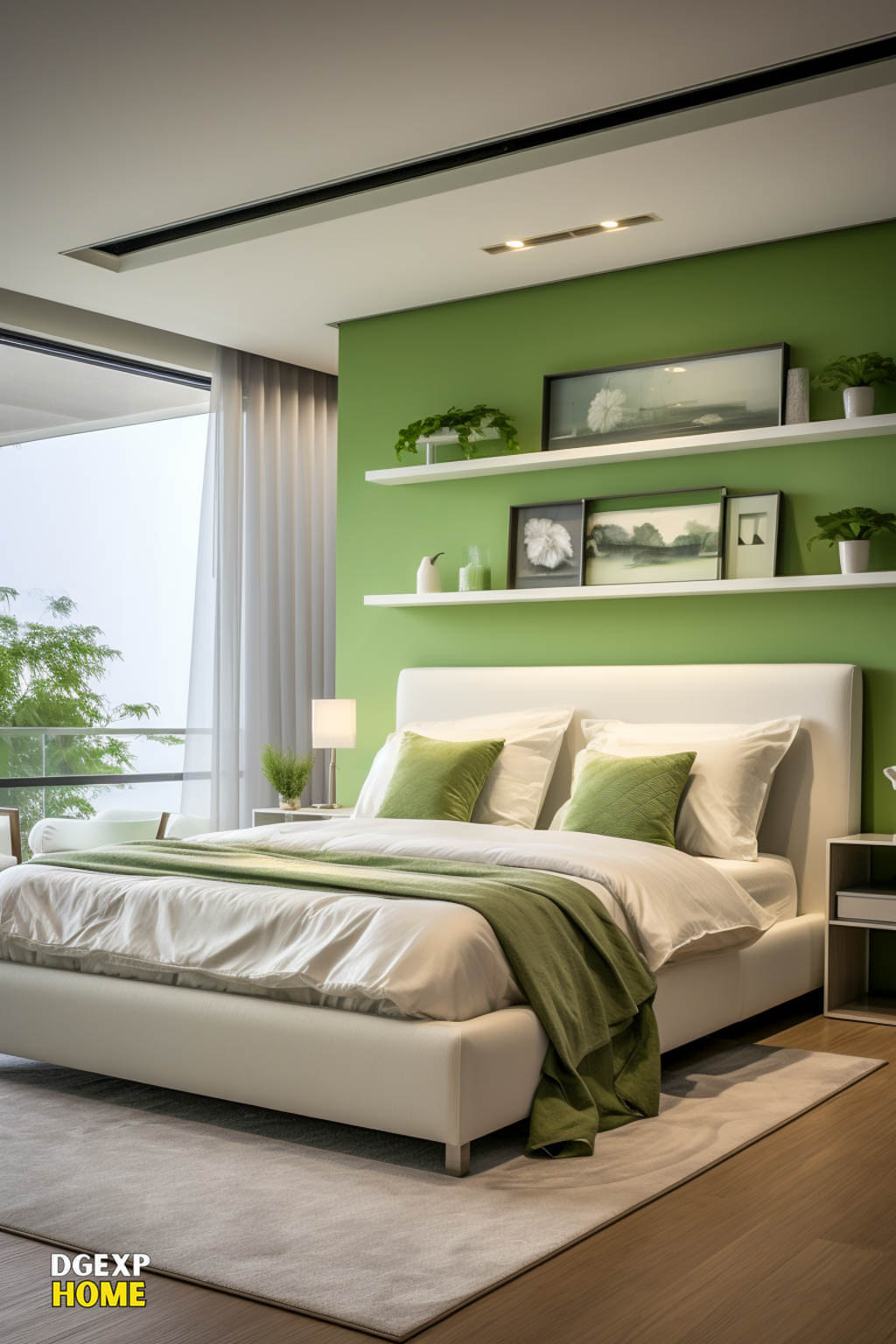 Green And White Modern Master Bedroom