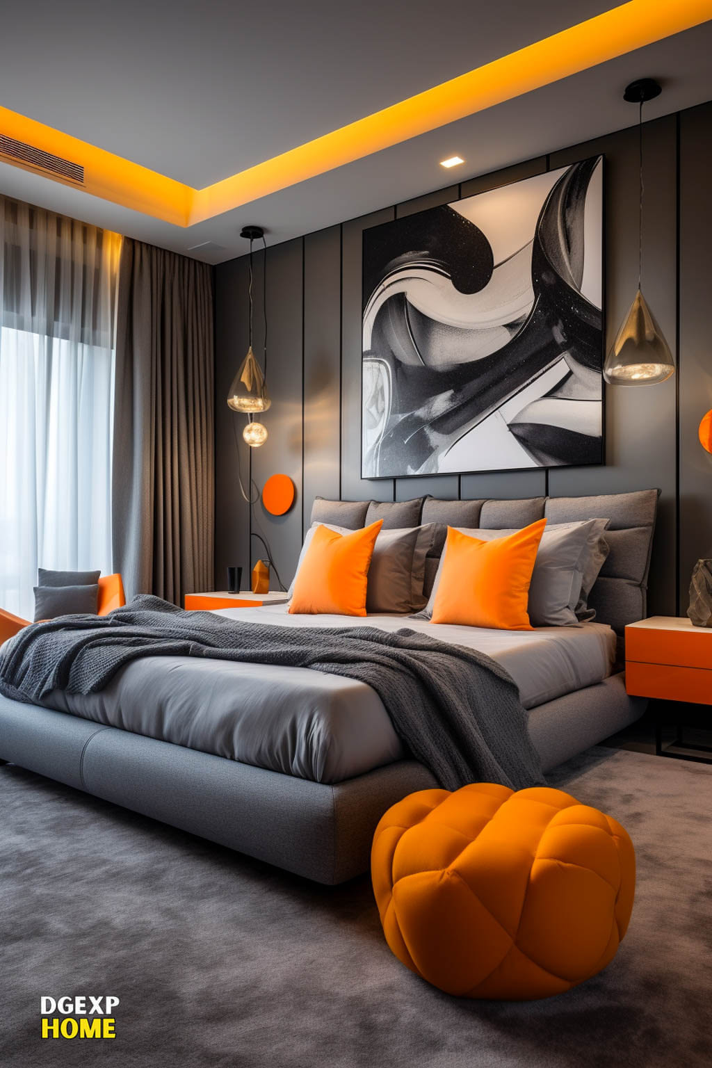 Grey And Orange Modern Master Bedroom
