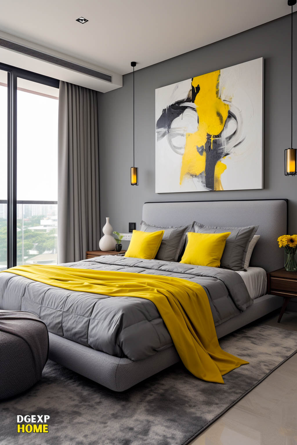 Grey And Yellow Modern Master Bedroom