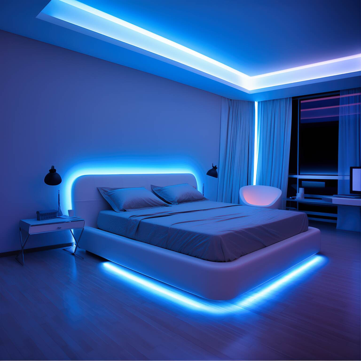 Minimalist White And Blue Neon Bedroom