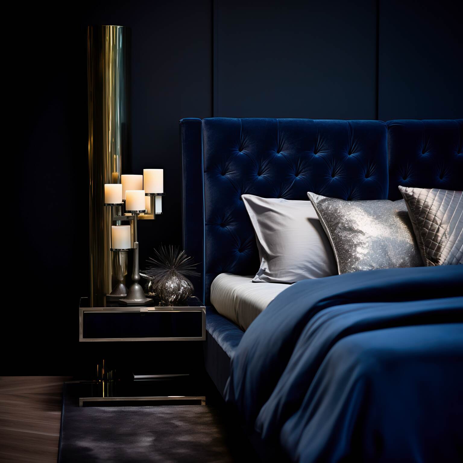 Modern Midnight Blue Luxurious Velvet Bedroom