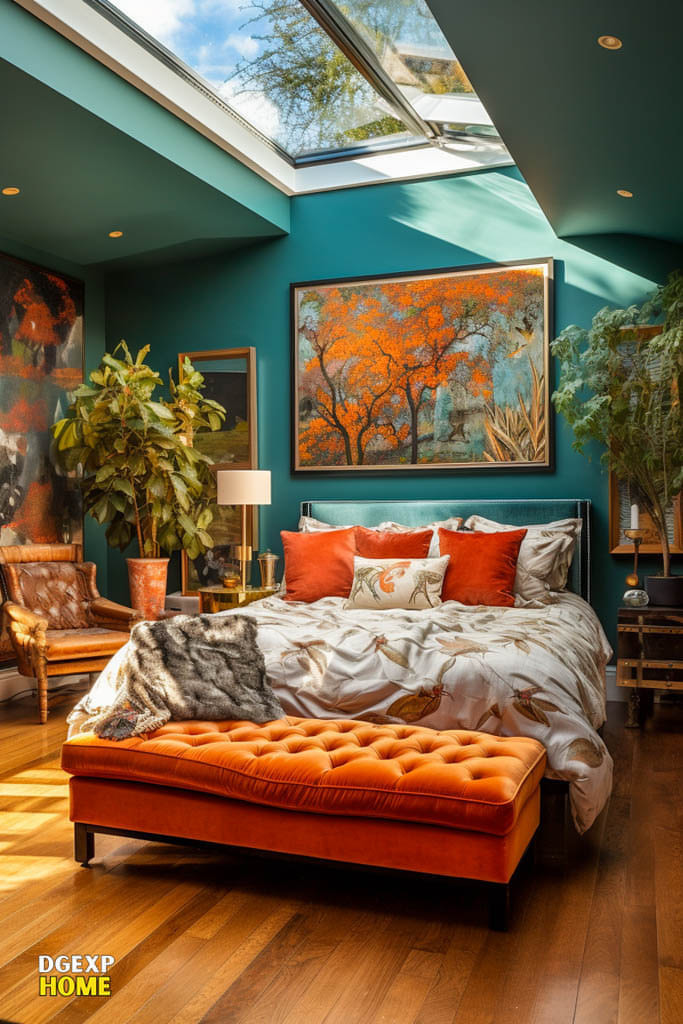 A Well-Lit Bedroom With Teal Walls And A Vibrant Orange Tree Painting. The Bed Has Botanical Print Linens, And A Saffron-Orange Bench Sits At Its Foot. Skylights Illuminate The Room, Highlighting The Wooden Floor, A Leather Armchair, And Green Houseplants That Enhance The Bohemian Atmosphere.