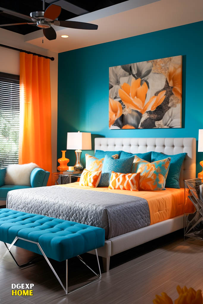 Teal &Amp; Sunburst Orange Modern Bedroom