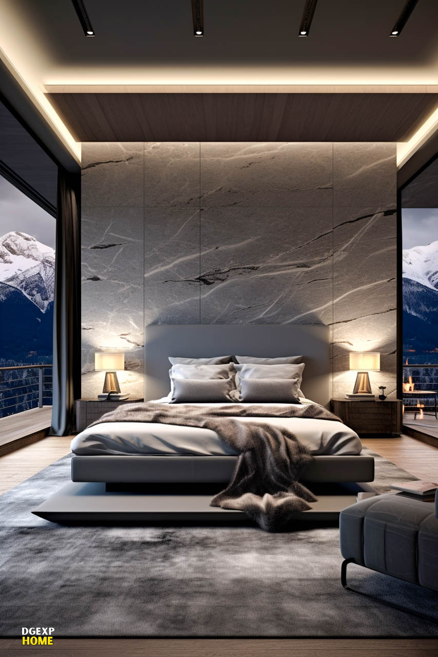 Gray Modern Large Mountain Inspired Bedroom