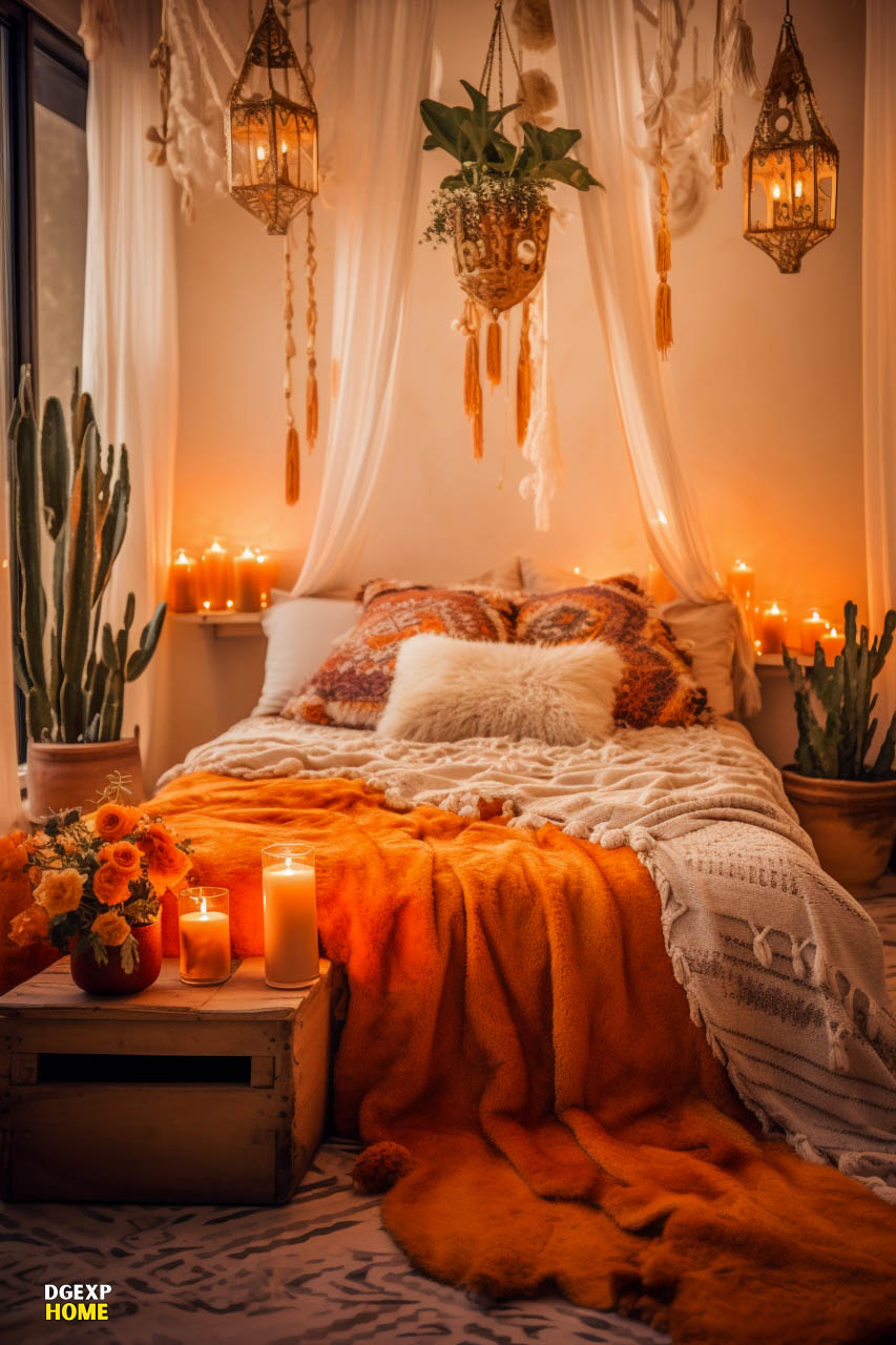 Medium-Sized Bohemian Bedroom With A Warm Orange And Earthy Color Scheme, Featuring Moroccan Rugs, Macrame Wall Hangings, And Cacti Decorations, Illuminated By Soft Candlelight.