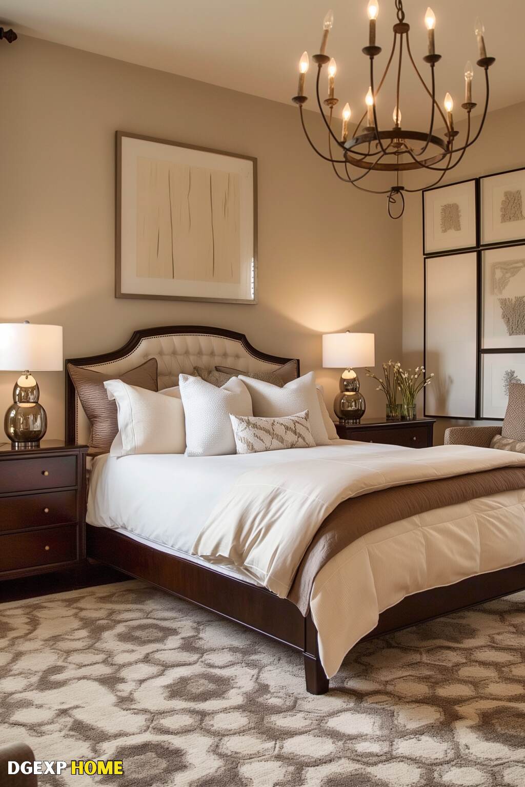 Sophisticated Biedermeier Bedroom With A Wooden Bed, Luxurious Bedding, And Elegant Lighting.