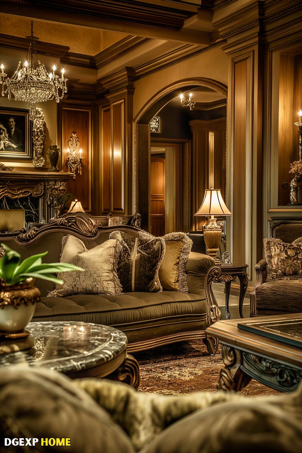 Warm Art Nouveau Living Room With Rich Wooden Tones And A Crystal Chandelier.