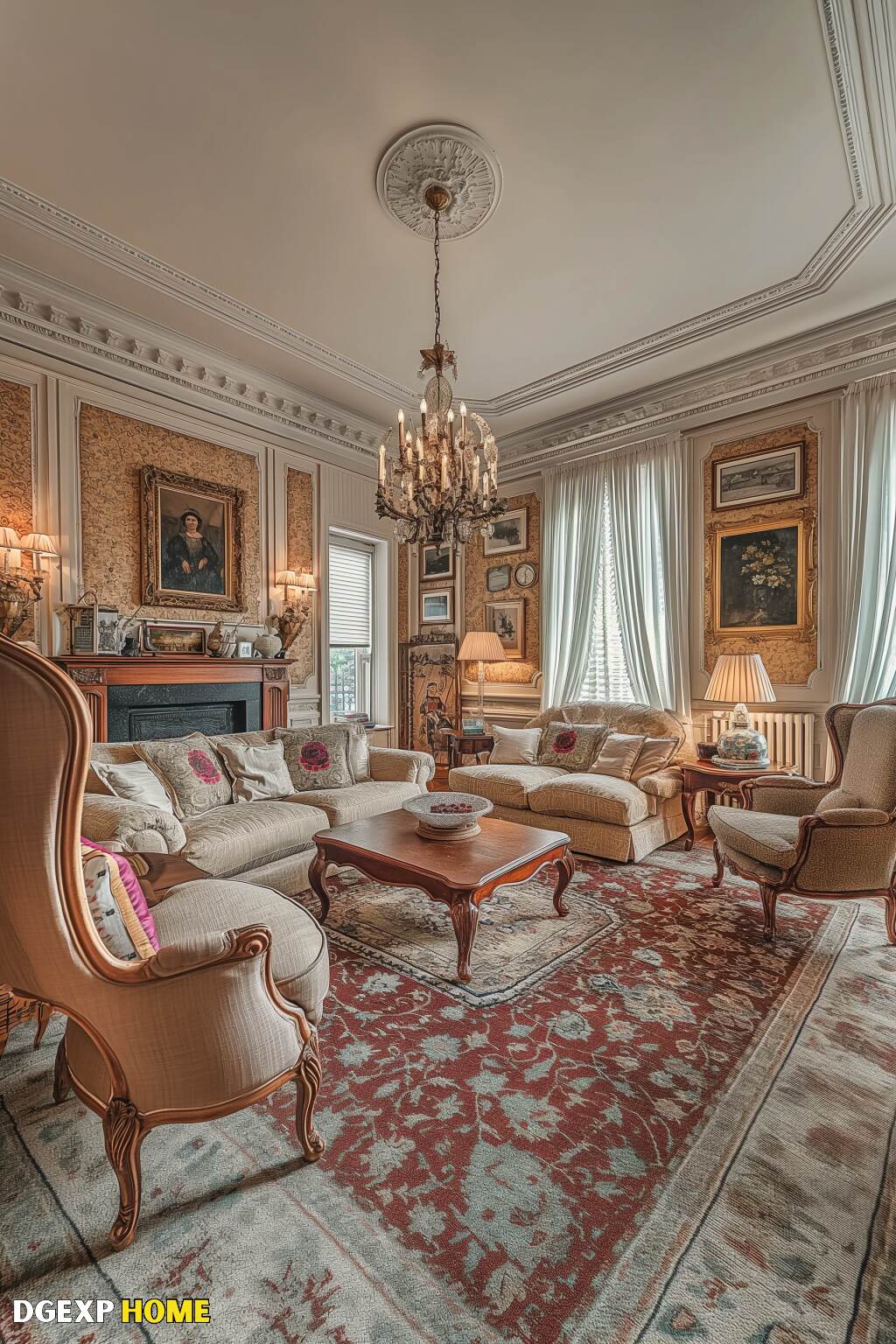 Regal Art Nouveau Living Room With Intricate Moldings And A Grand Chandelier.