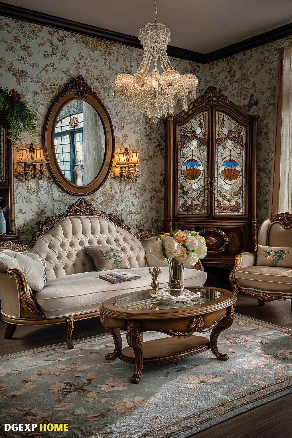 Nostalgic Art Nouveau Living Room With Floral Wallpaper And A Classic Chandelier.
