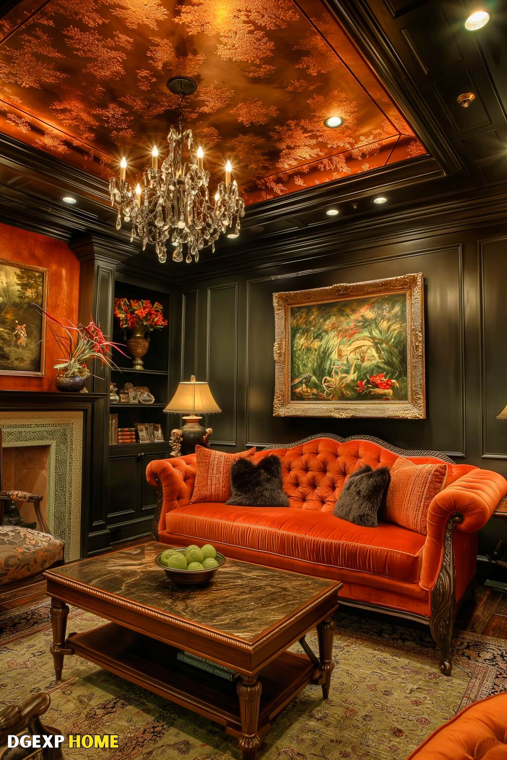 Luxurious Art Nouveau Living Room With Velvet Upholstery And Gold Accents.