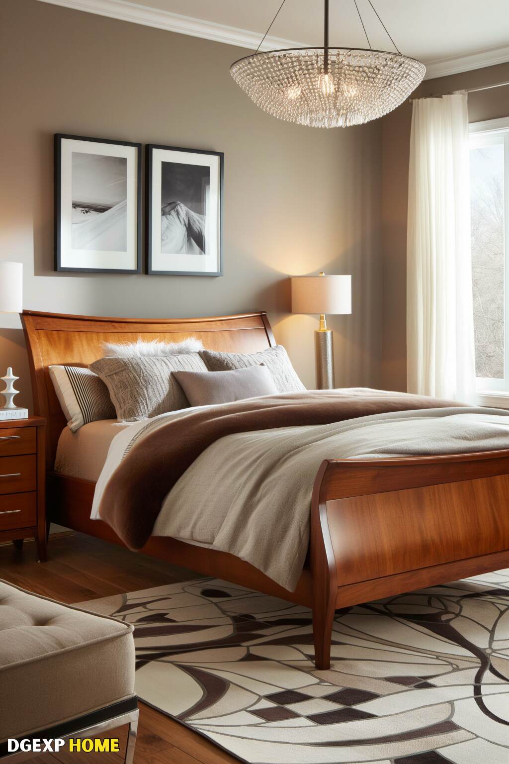 Modern Biedermeier Bedroom With A Sleek Wooden Bed, Minimalist Decor, And Contemporary Lighting.