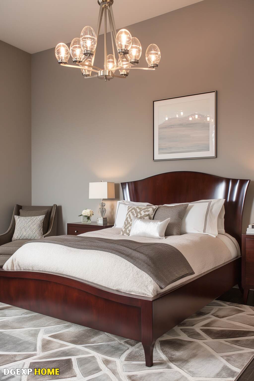 Contemporary Biedermeier Bedroom With A Wooden Bed, Luxurious Bedding, And Modern Decor Elements.