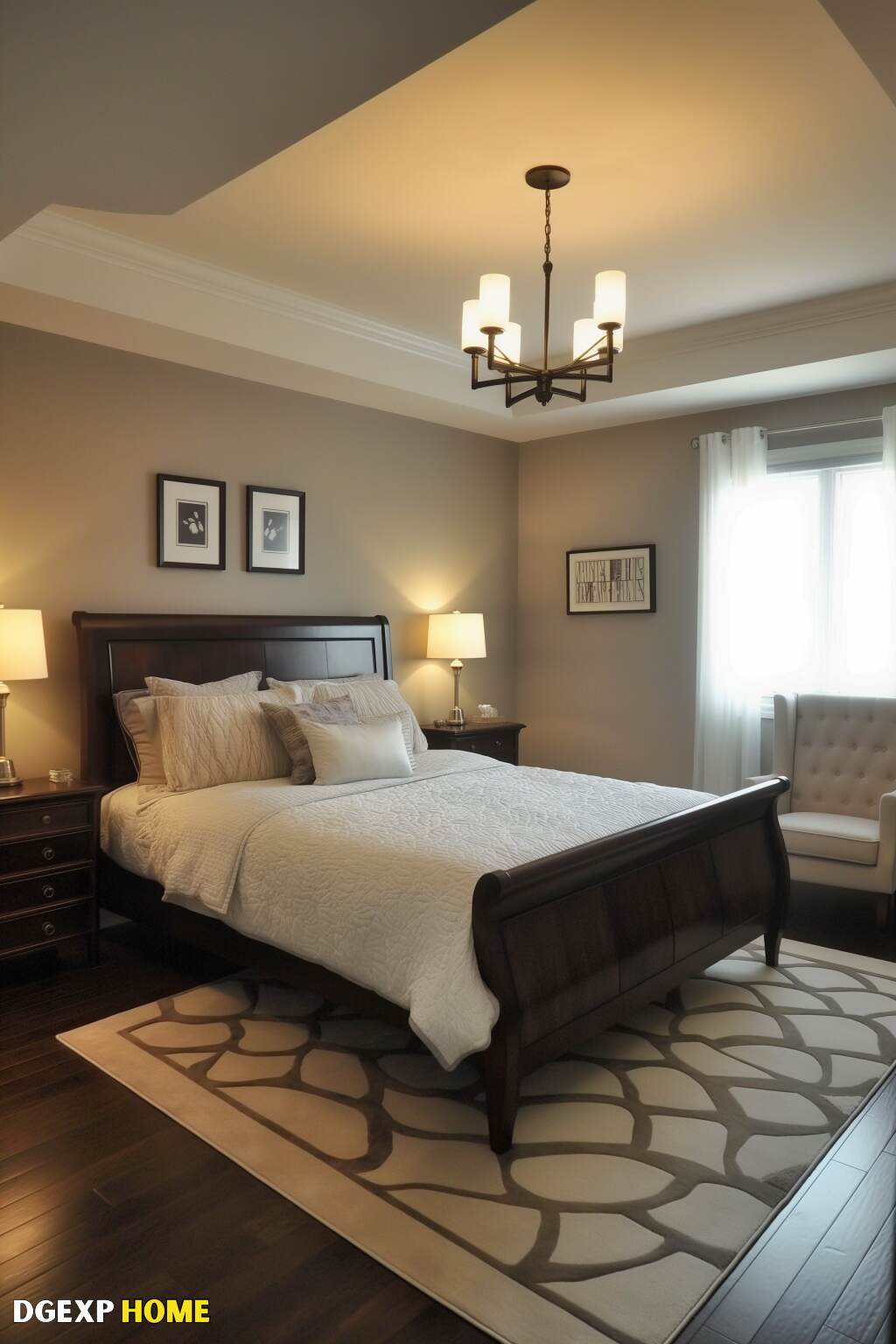 Sophisticated Biedermeier Bedroom With A Tufted Headboard, Chandelier, And Classic Decor Elements.