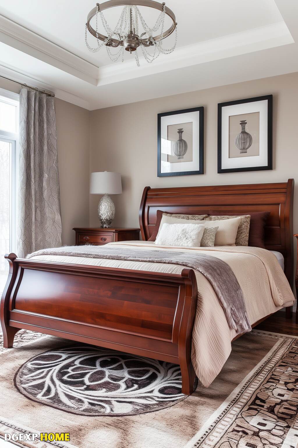 Elegant Biedermeier Bedroom With Sleigh Bed, Geometric Rug, And Sophisticated Chandelier.