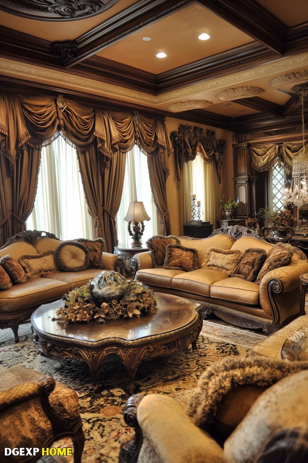 Art Nouveau Living Room With Rich Drapery, Detailed Woodwork, And Luxurious Furnishings.