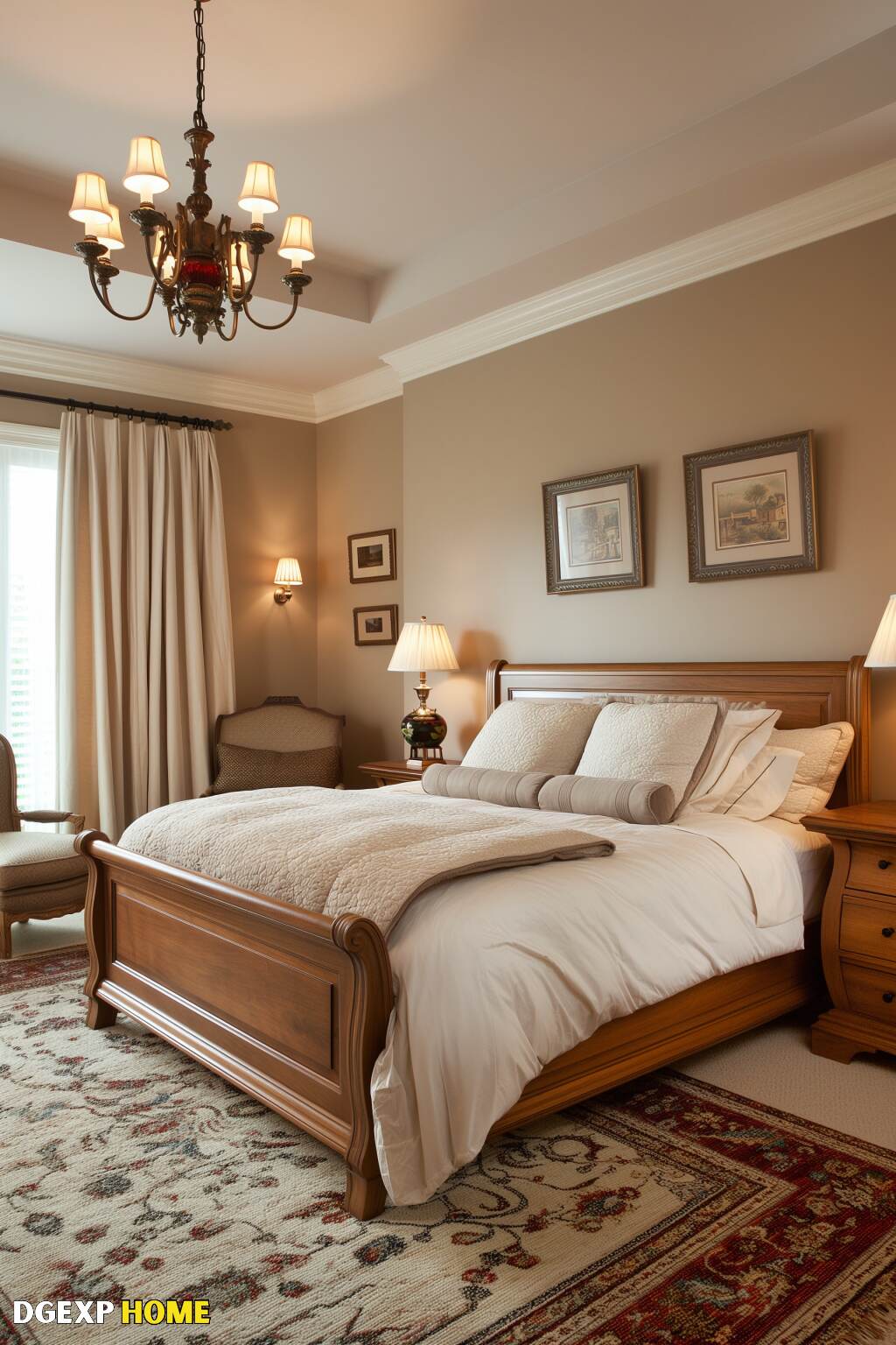 Classic Biedermeier Bedroom With Vintage Chandelier, Warm Color Palette, And Intricate Bed Design.