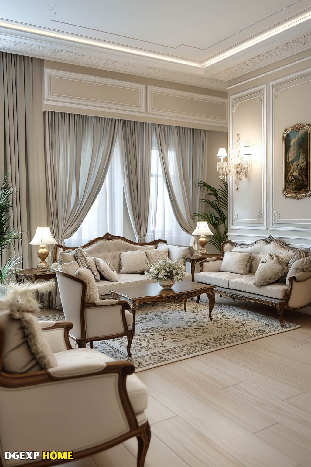 Elegant Art Nouveau Living Room With Soft Color Palette, Intricate Detailing, And Delicate Furnishings.