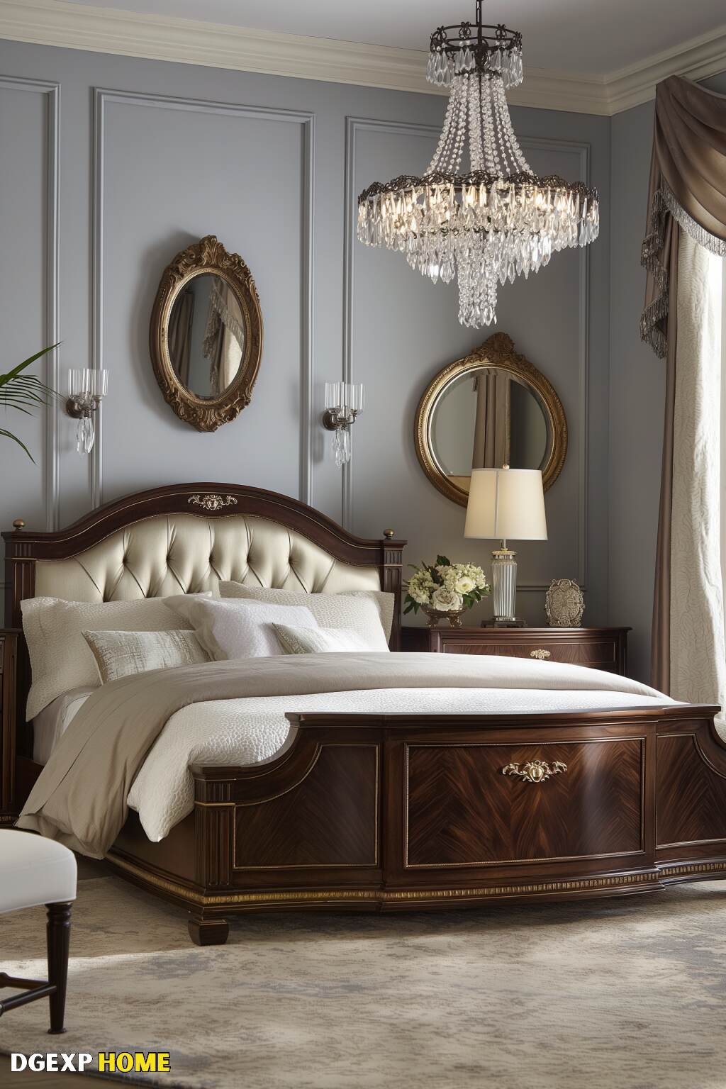 Graceful Biedermeier Bedroom With Luxurious Chandelier, Tufted Headboard, And Sophisticated Decor.