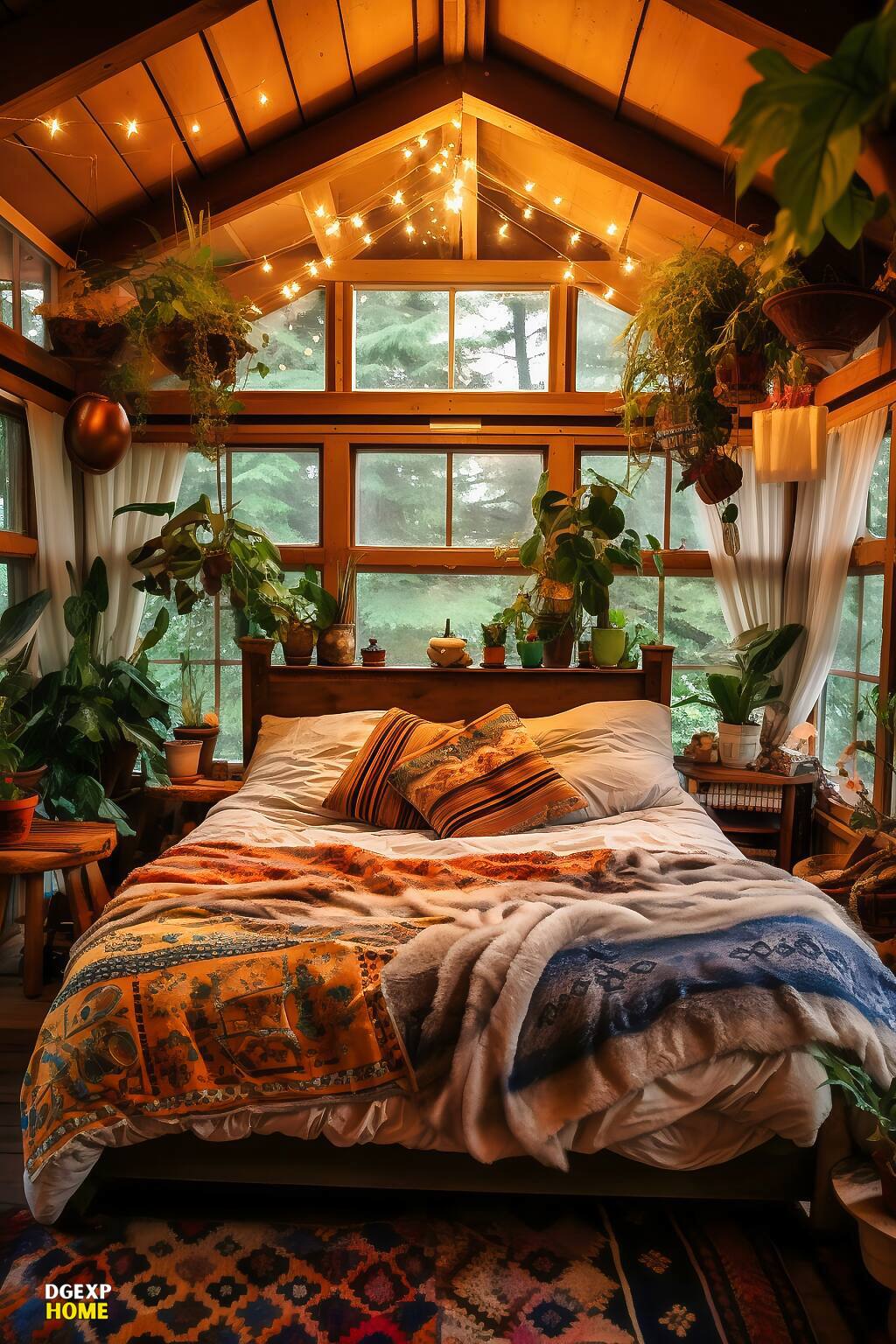 Farmhouse Bedroom With Fairy Lights Overhead, Vibrant Bedding, And Surrounding Greenery.