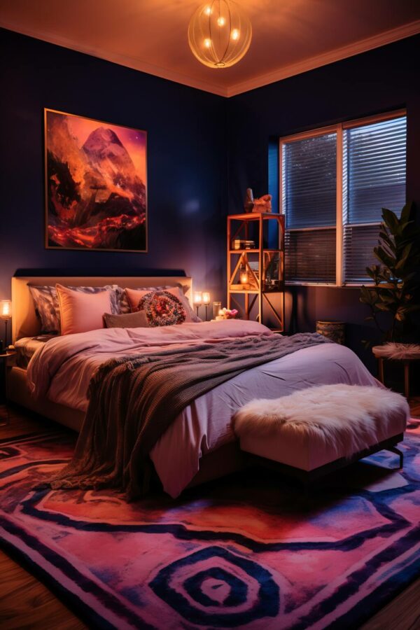 Serene Bedroom With Indigo Walls, Peach Accents, And A Plush Area Rug With Abstract Patterns, Illuminated By Soft Bedside Lighting.
