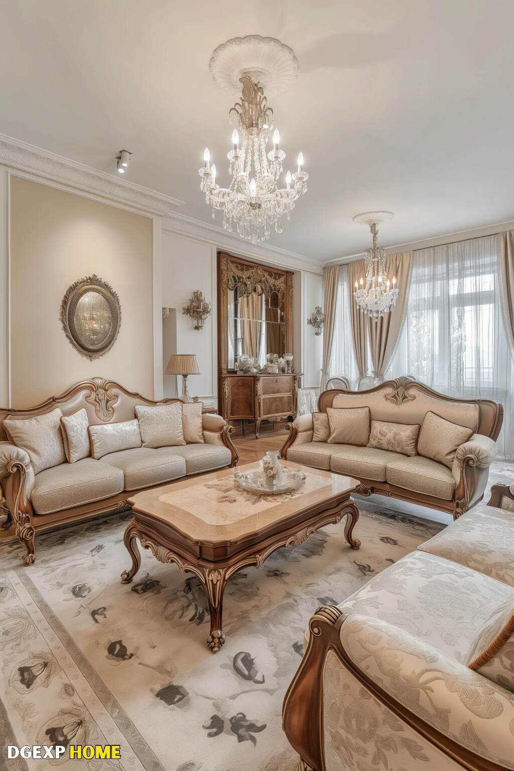 Refined Art Nouveau Living Room With Crystal Chandeliers And Elegant Seating.