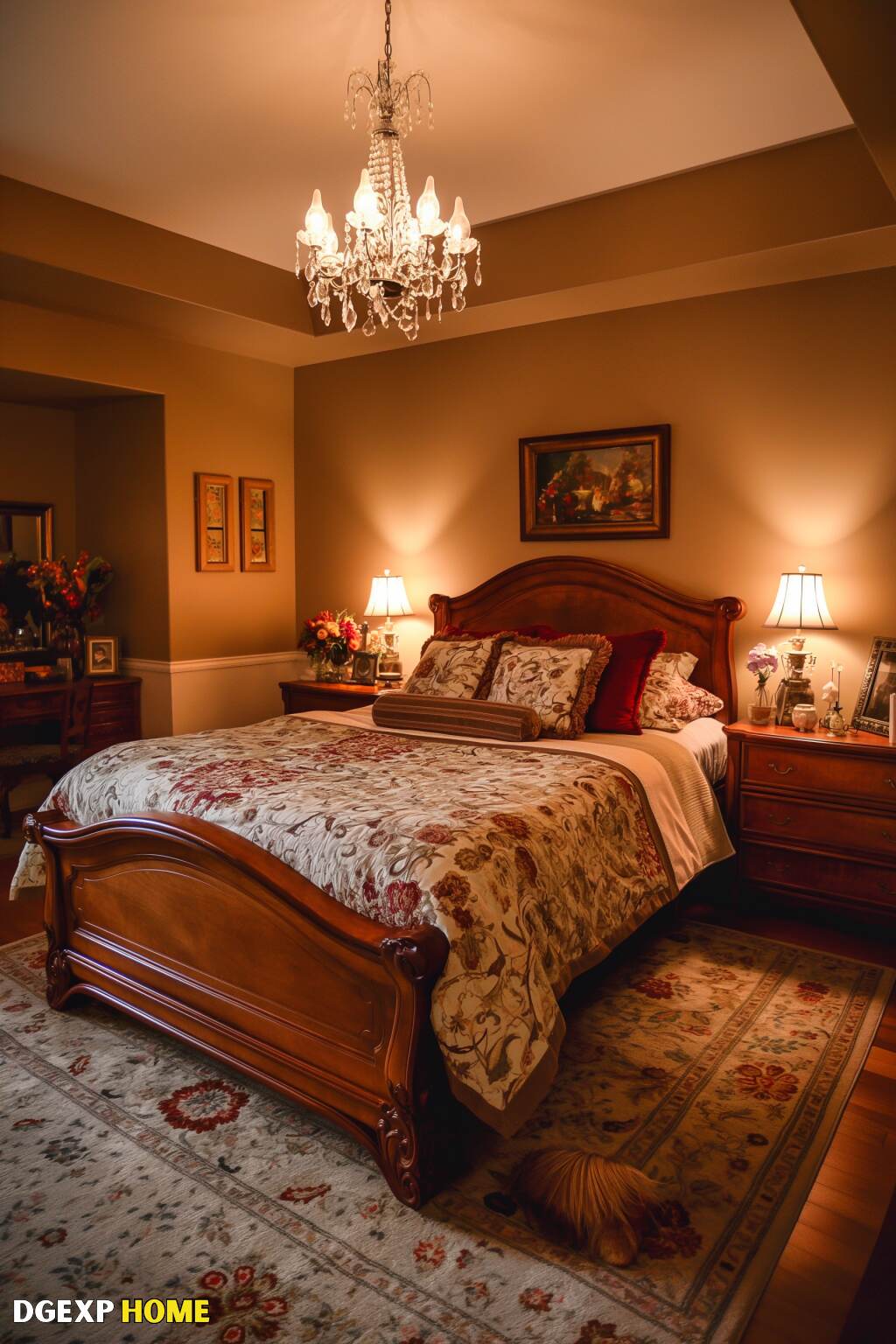 Warm Biedermeier Bedroom With A Carved Wooden Bed, Cozy Bedding, And Soft Lighting From Table Lamps And A Chandelier.