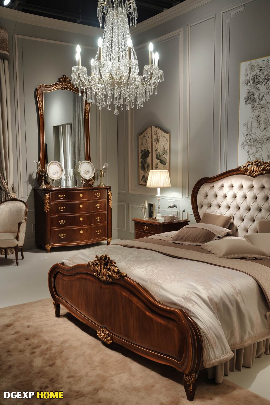 Elegant Biedermeier Bedroom With Statement Chandelier, Tufted Headboard, And Refined Decor.