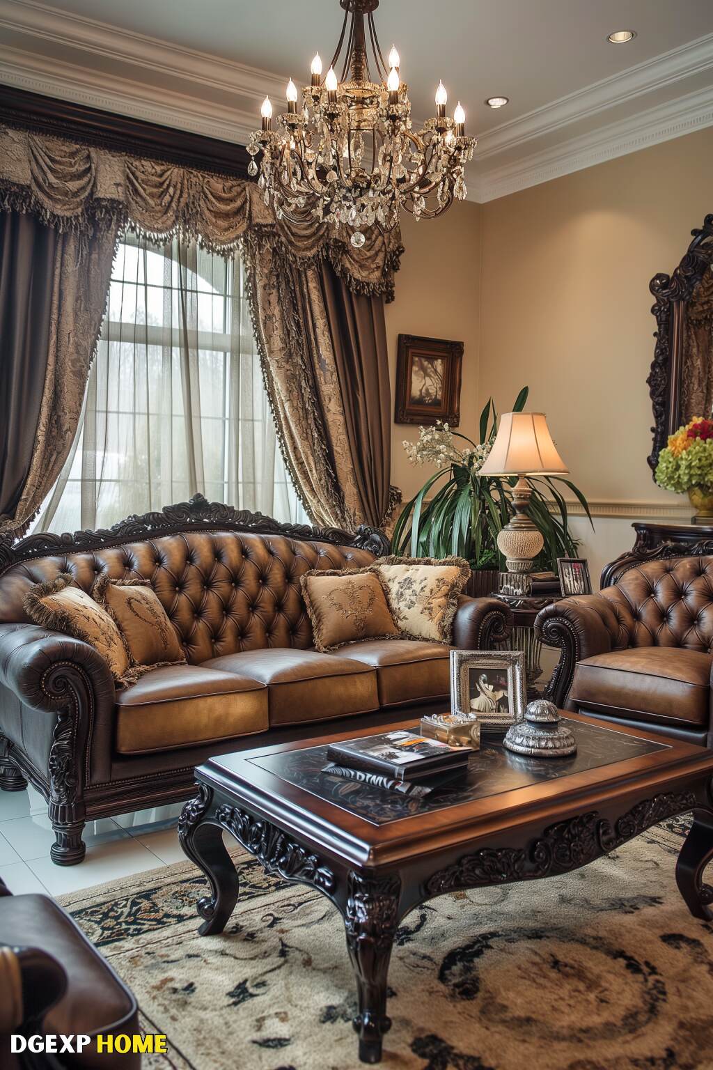 Rich Brown Art Nouveau Living Room With Luxurious Furnishings, Intricate Woodwork, And Detailed Decor.