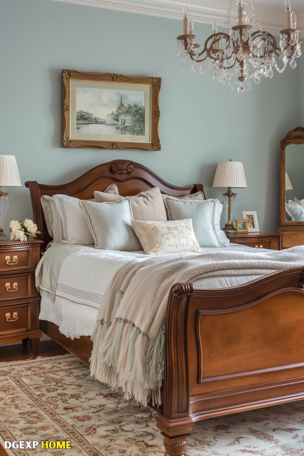 Biedermeier Bedroom With Wooden Bed, Crystal Chandelier, And Framed Artwork.