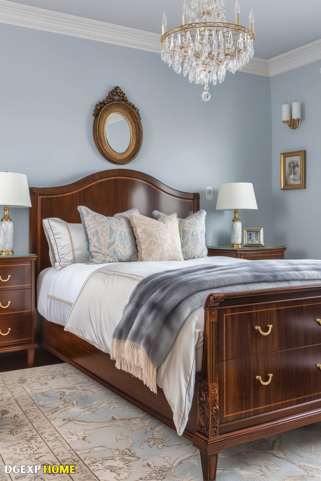 Biedermeier Bedroom With Blue Accents, Crystal Chandelier, And Wooden Bed.