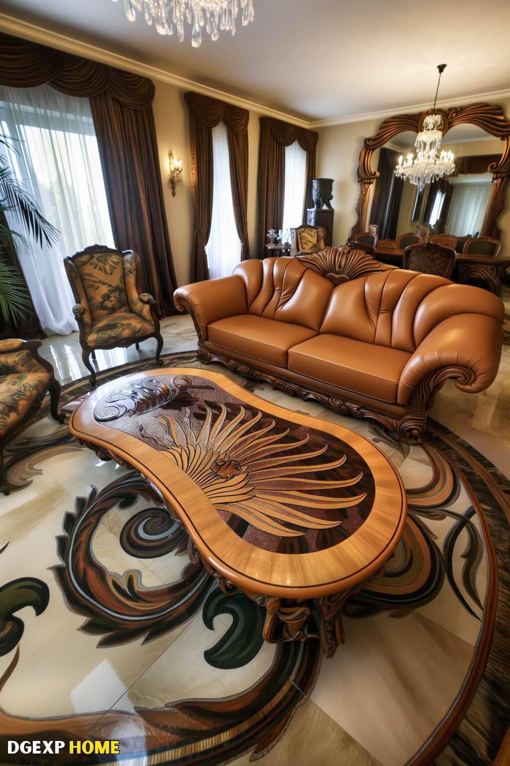 Luxurious Amber Art Nouveau Living Room With Rich Tones, Elegant Woodwork, And Sumptuous Furnishings.