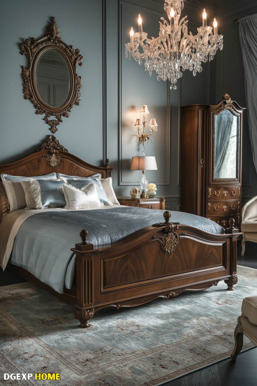 Luxurious Biedermeier Bedroom With Ornate Decor, Crystal Chandelier, And Wooden Bed.