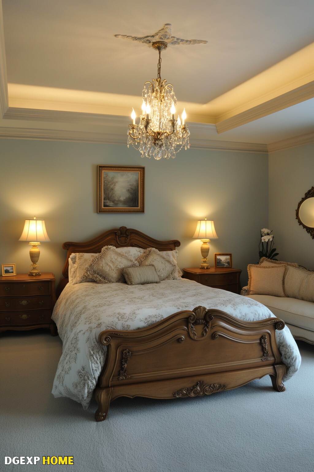Serene Biedermeier Bedroom With Carved Wooden Bed And Crystal Chandelier.