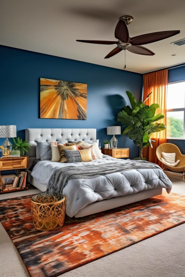 Modern Bedroom With A Sapphire Blue And Sand-Colored Patterned Area Rug, Stylish Furniture, And Vibrant Wall Art.