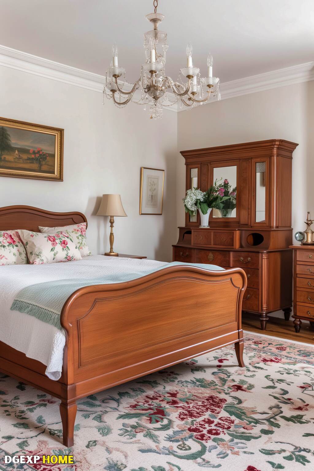 Bright Biedermeier Bedroom With A Wooden Bed, Floral Bedding, Vintage Dresser, And Crystal Chandelier.