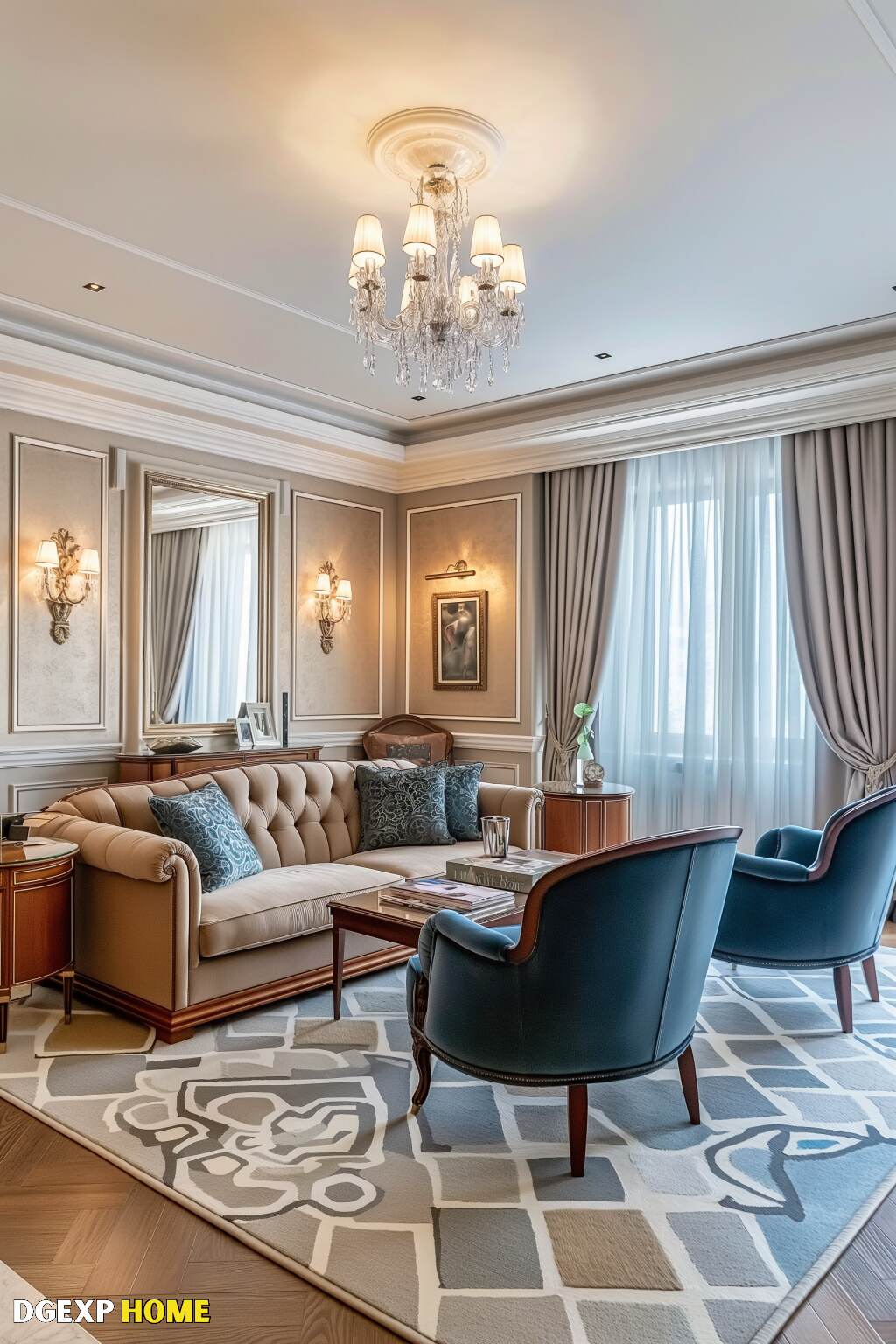 Sophisticated Art Nouveau Living Room With Plush Seating And Intricate Wall Decor.