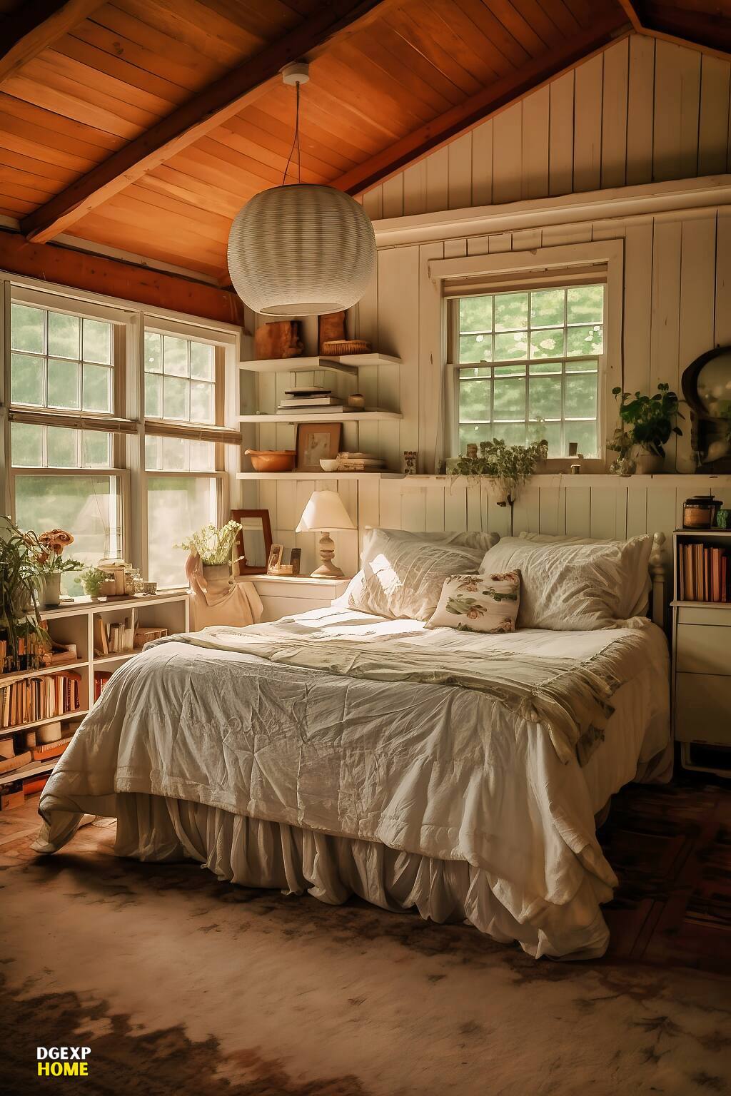 Cottagecore Farmhouse Bedroom With White-Paneled Walls, Wooden Beams, And Cozy Cottage Decor