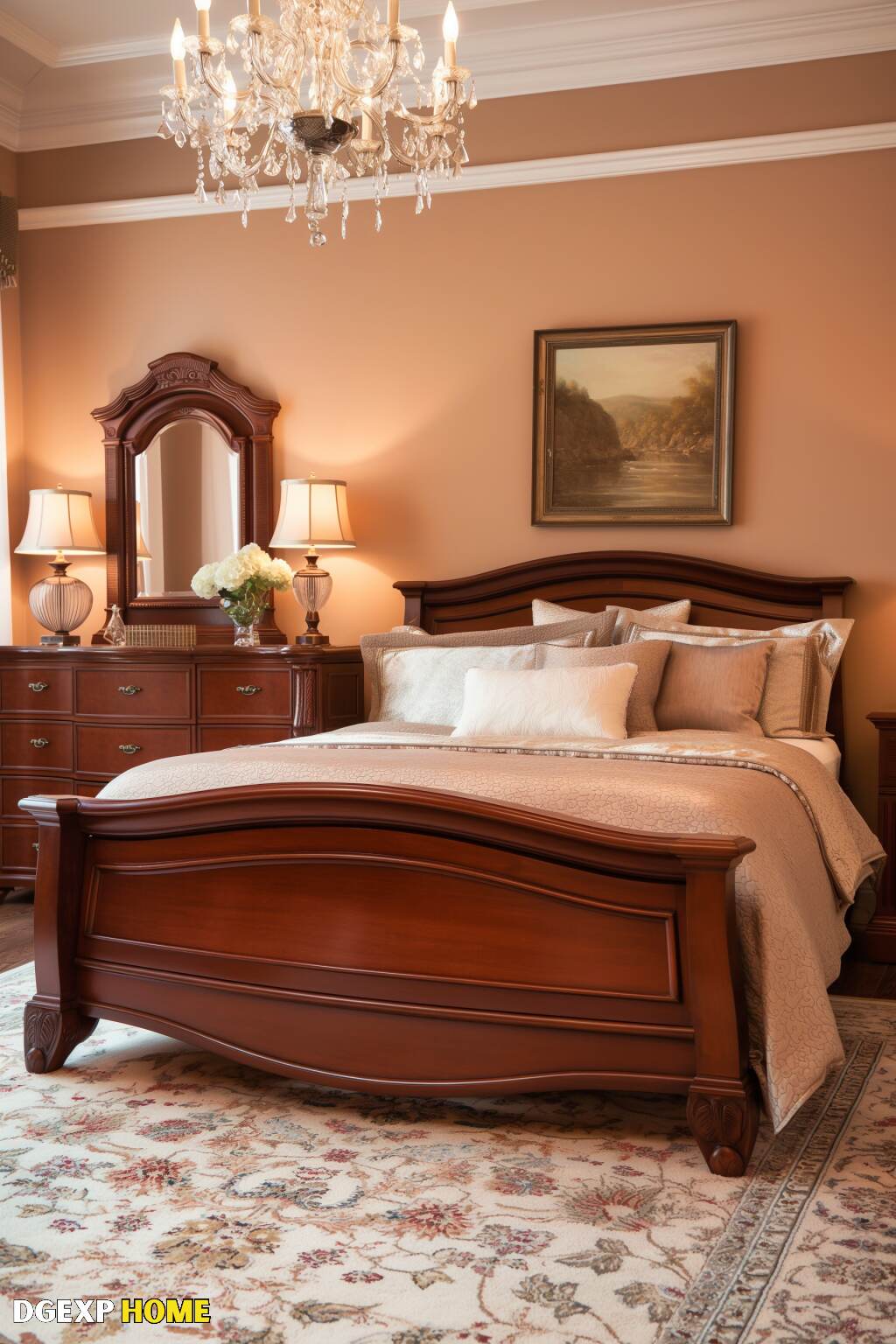 Sophisticated Biedermeier Bedroom With A Wooden Bed, Elegant Bedding, Vintage Dresser, And Crystal Chandelier.