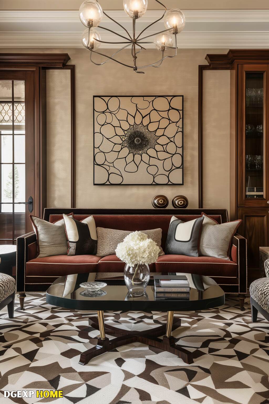 Contemporary Art Nouveau Living Room With A Modern Chandelier And Vintage Furniture.