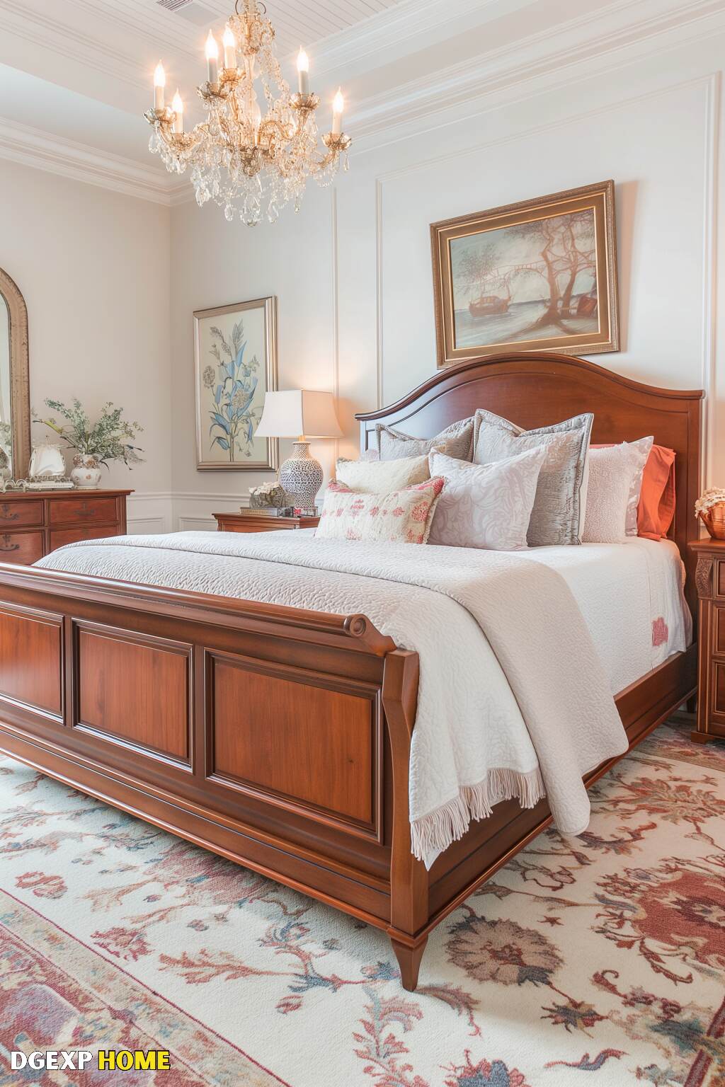 Bright And Elegant Biedermeier Bedroom With A Wooden Bed, Luxurious Bedding, And A Crystal Chandelier.