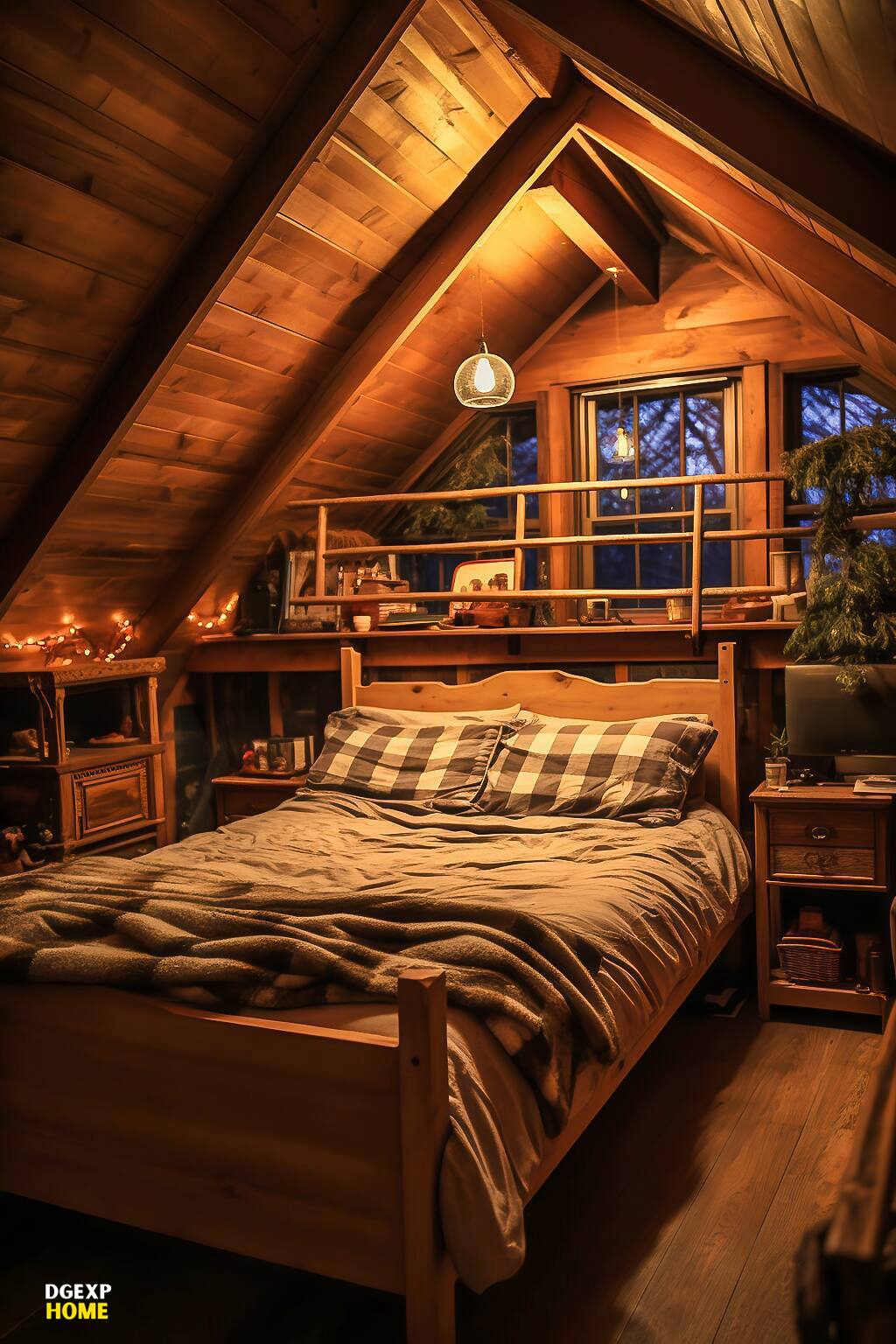 Loft Farmhouse Bedroom With High Wooden Ceilings, Checkered Bedding, And Cozy Lighting