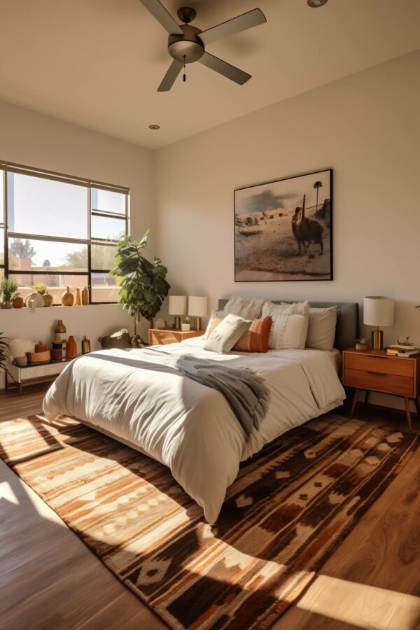 Modern Bedroom With Natural Light, Sienna Accents, And A Traditional Motif Area Rug, Harmonizing Contemporary Style With Classic Patterns.