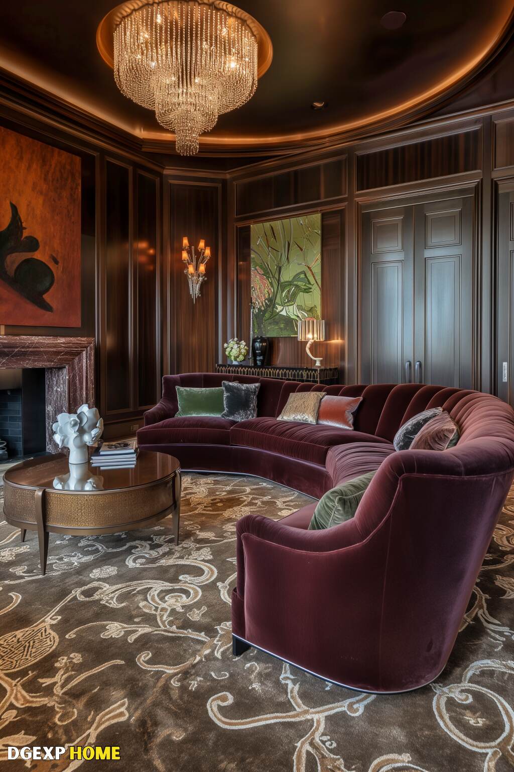 Luxurious Art Nouveau Living Room With Plush Velvet Seating And An Intricate Chandelier.