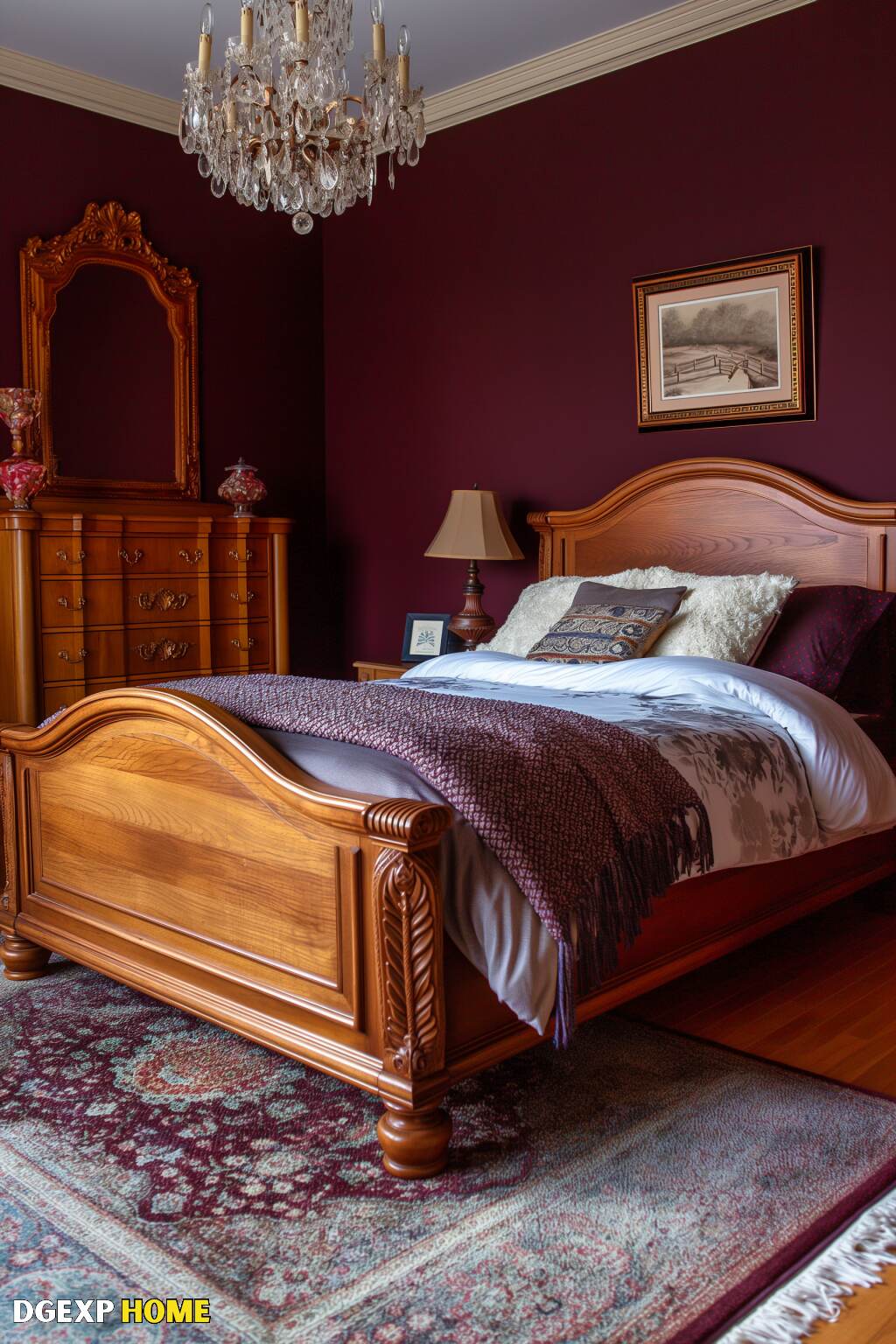Rich Biedermeier Bedroom With Maroon Walls, Carved Wooden Bed, And Crystal Chandelier.