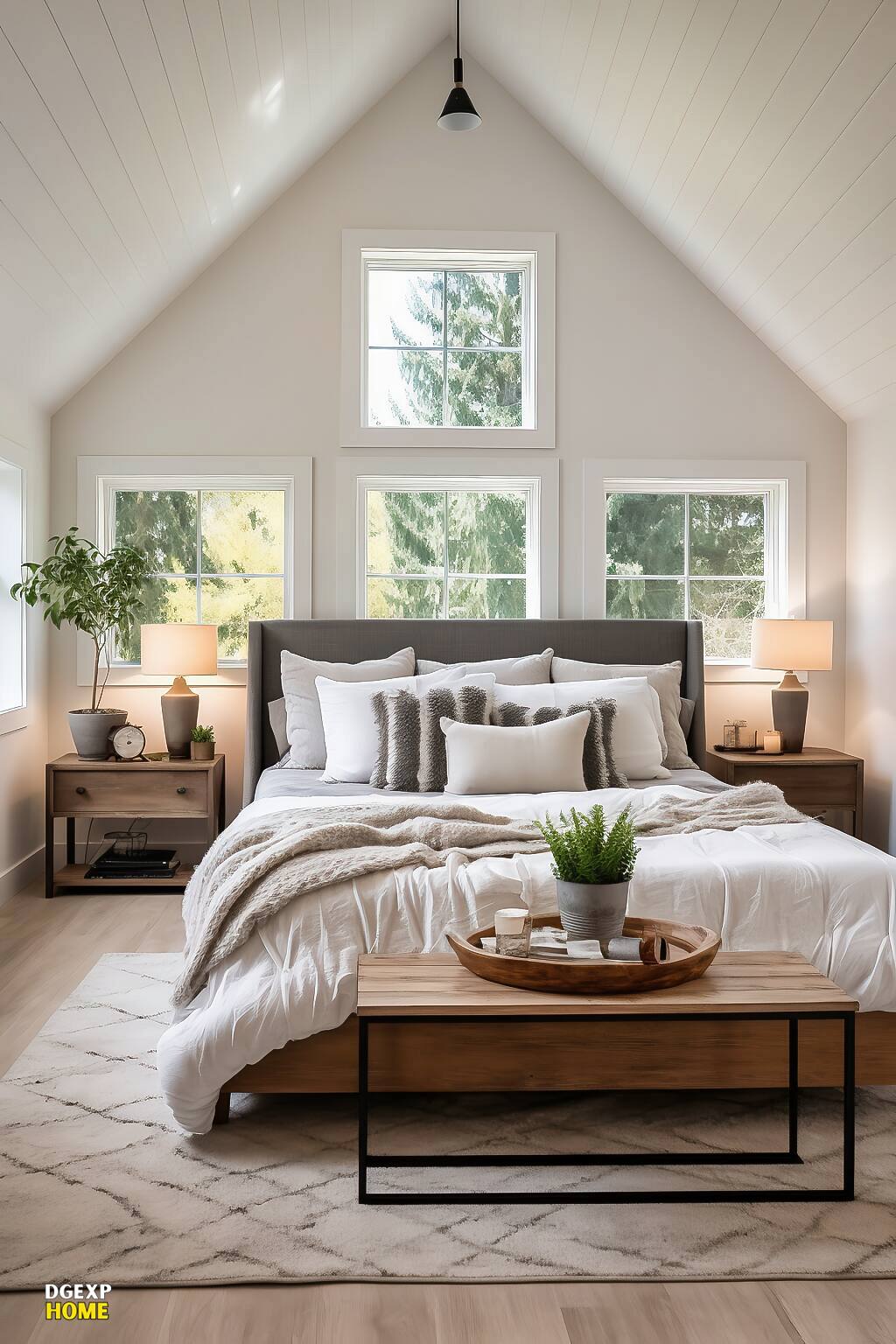 Minimalist Farmhouse Bedroom With A Modern Bed, White Linens, And Natural Wood Accents.