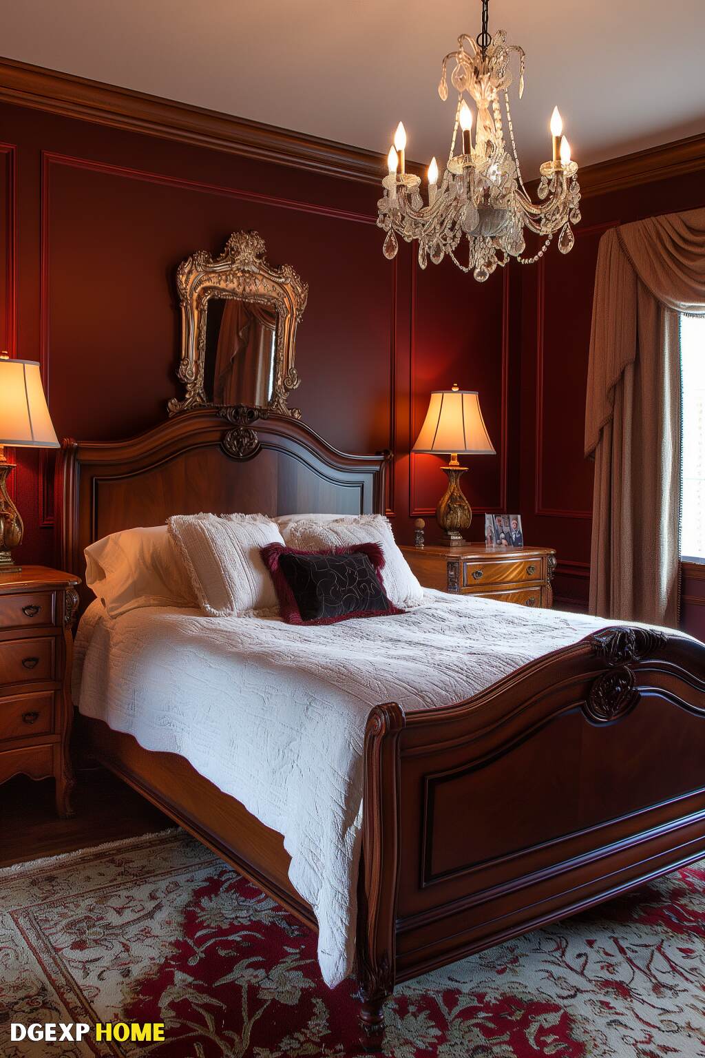 Regal Biedermeier Bedroom With Red Walls, Carved Wooden Bed, And Crystal Chandelier.
