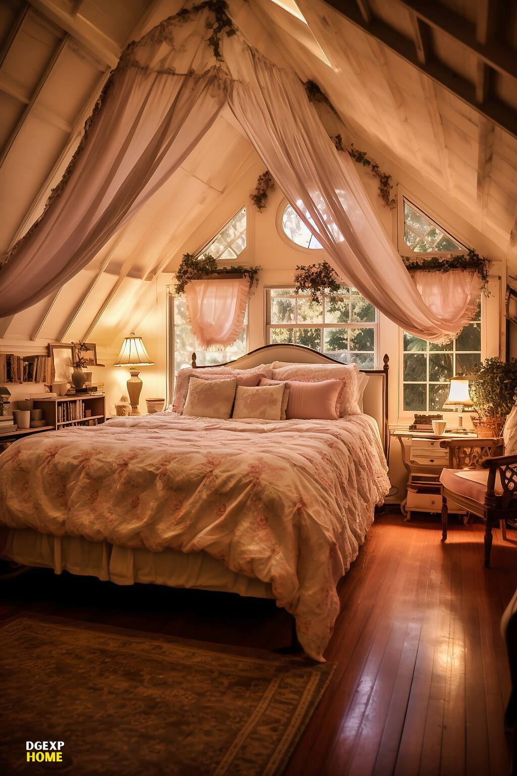 Romantic Farmhouse Bedroom With A Pink Canopy Bed, Floral Decorations, And Sunlit Ambiance