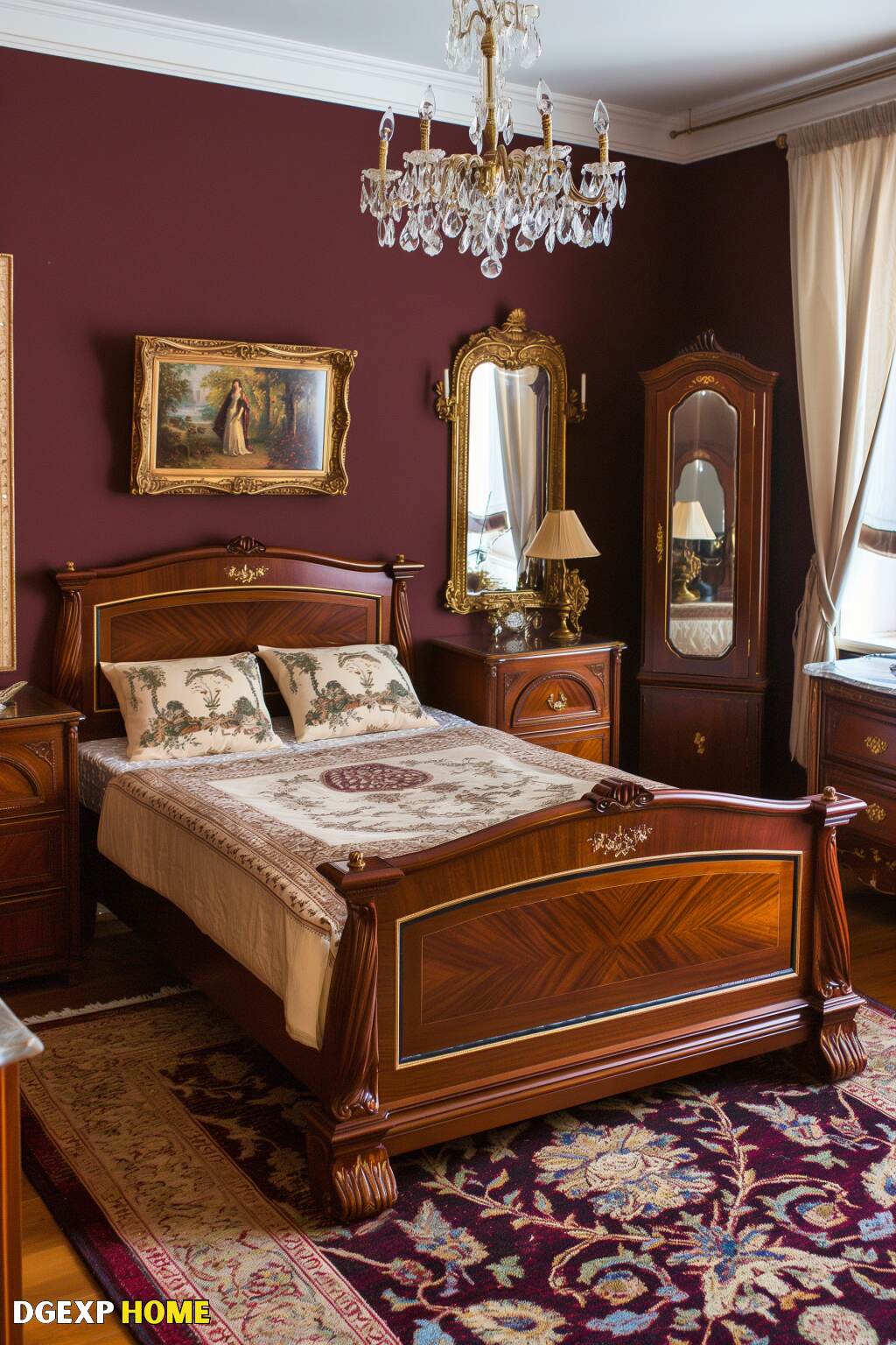Opulent Biedermeier Bedroom With Gold Accents, Crafted Wooden Bed, Burgundy Walls, And Crystal Chandelier.
