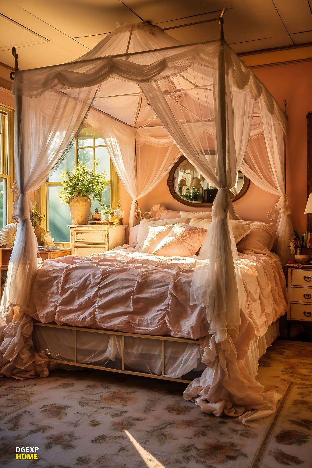 Romantic Farmhouse Bedroom With Elegant Peach Drapery And Vintage Furnishings.